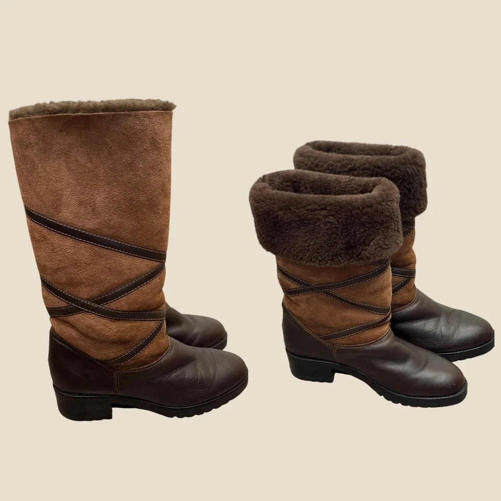 La Canadienne Brown Leather Suede Shearling Foldable Cuff Winter Boots 7 Cozy
